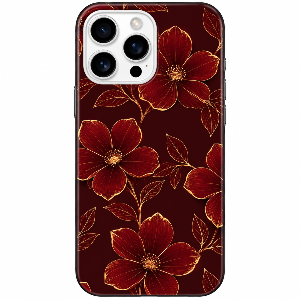 🌹 Golden Blossom Bordo & Altın Çiçek Desenli Telefon Kılıfı
