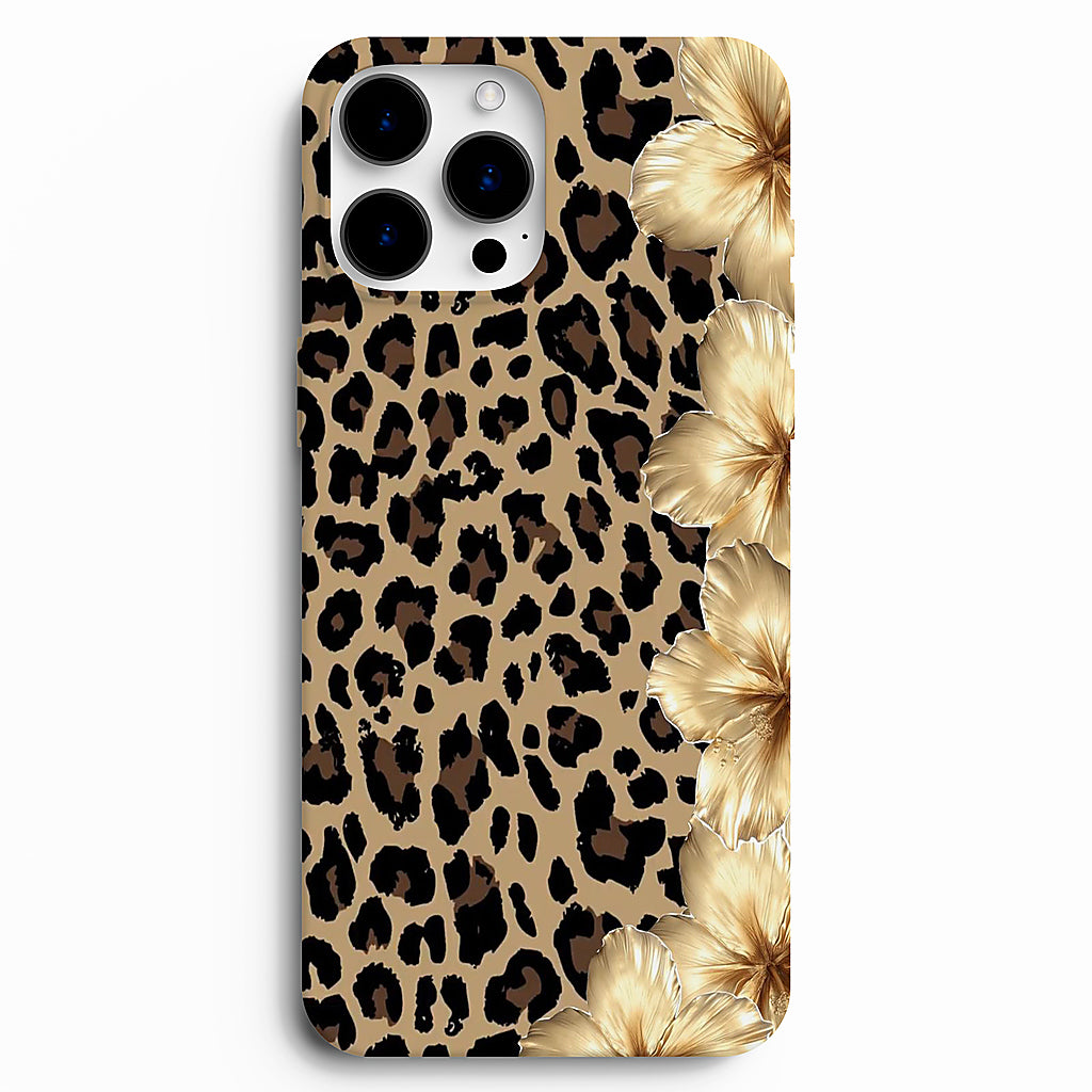 🌸 Golden Blossom – Leopar & Altın Çiçek Desenli Telefon Kılıfı