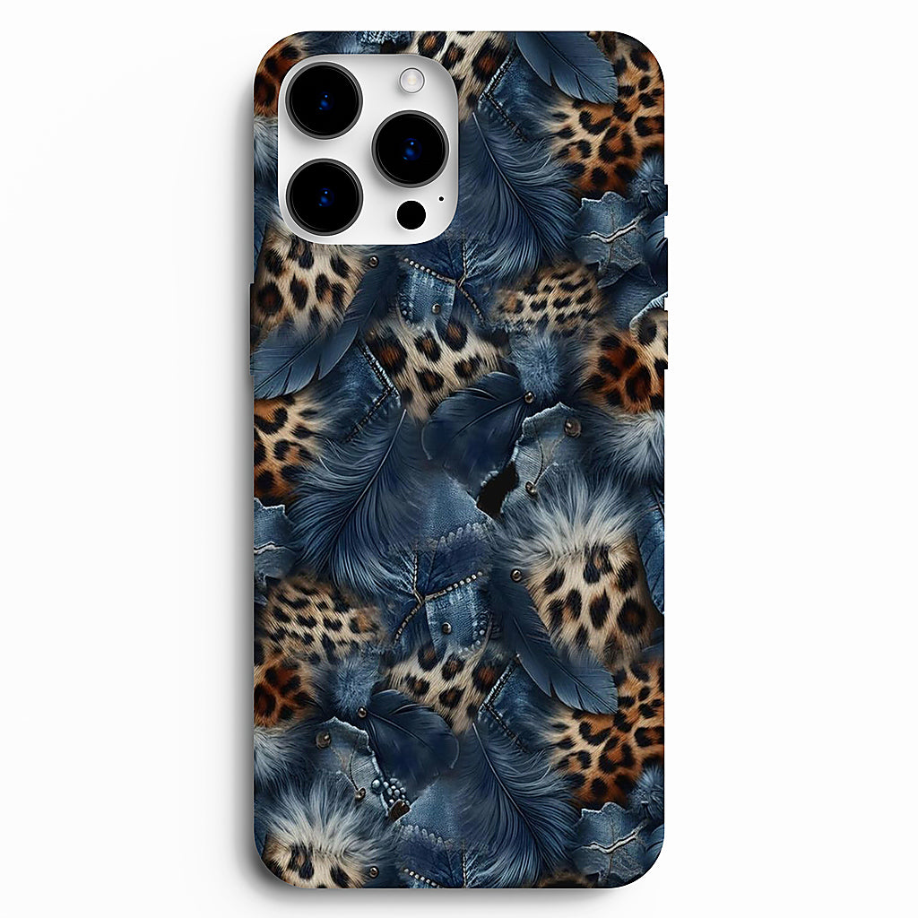 🪶 Denim Wild – Leopar & Tüy Desenli Telefon Kılıfı