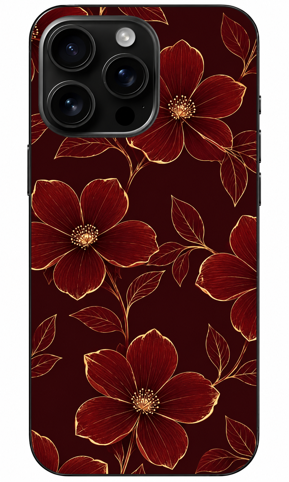🌹 Golden Blossom Bordo & Altın Çiçek Desenli Telefon Kılıfı