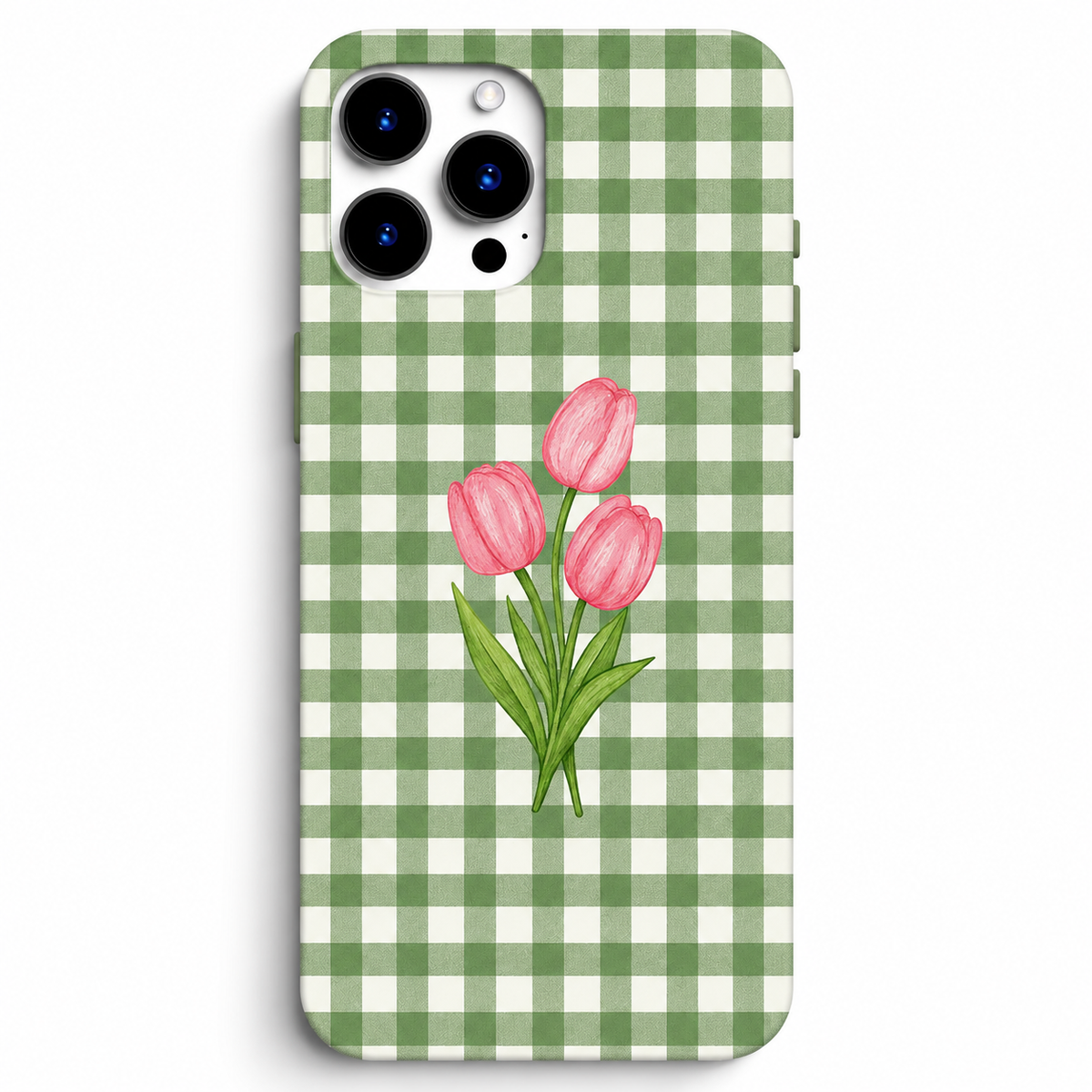🌷💚 Pink Tulips – Yeşil Ekose Telefon Kılıfı