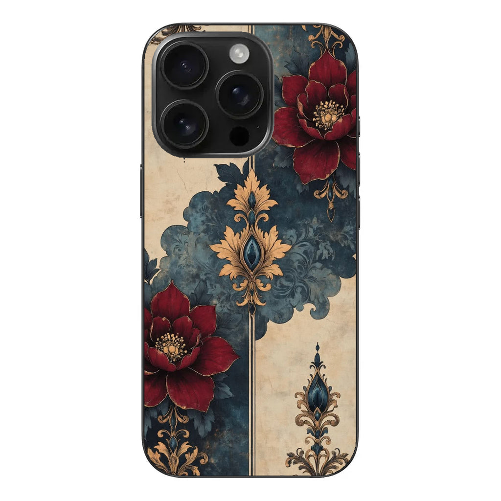 Bordo Çiçek – Lacivert & Gold Vintage Desenli Telefon Kılıfı