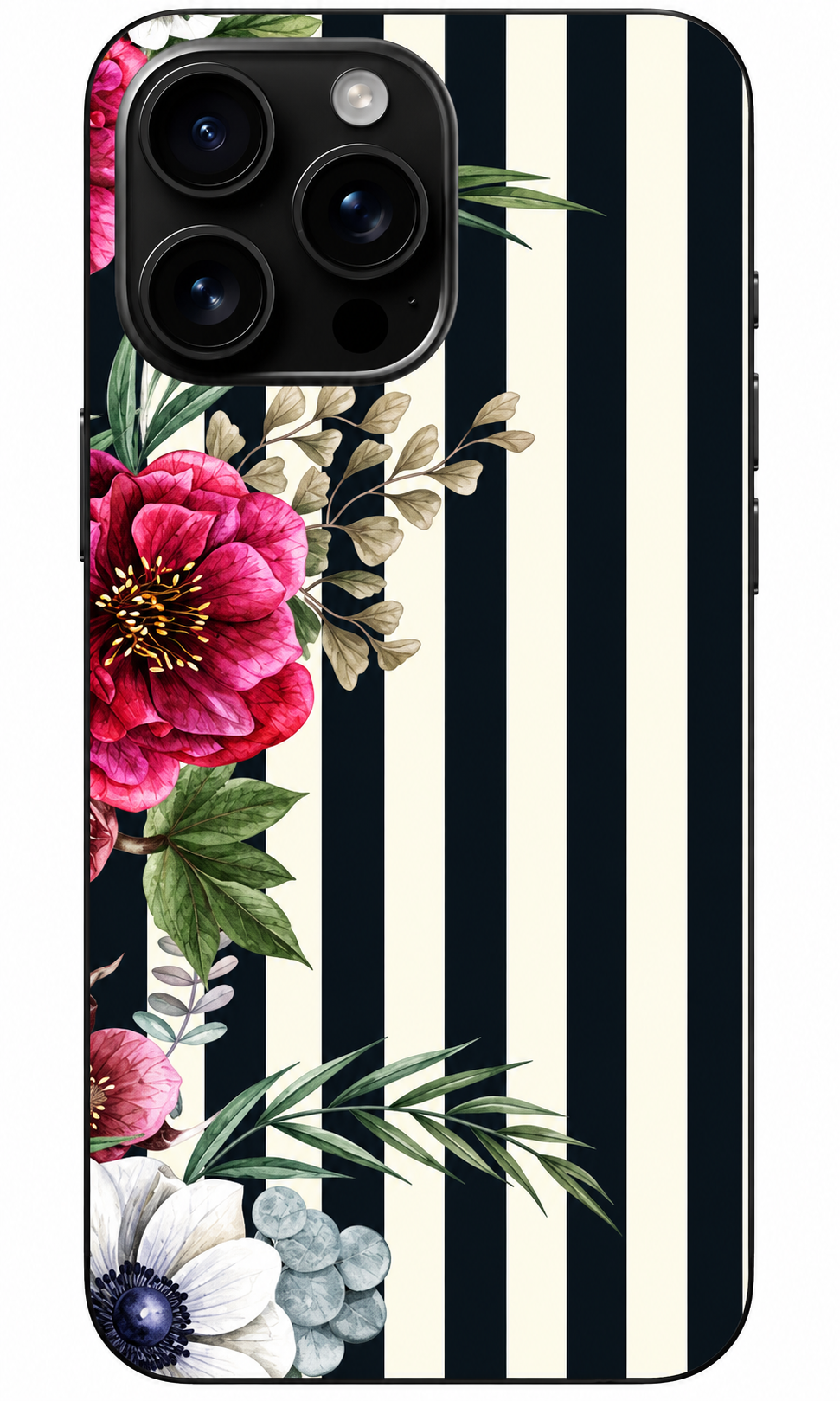 🌺 Noir Blossom – Çizgili Çiçek Desenli Telefon Kılıfı